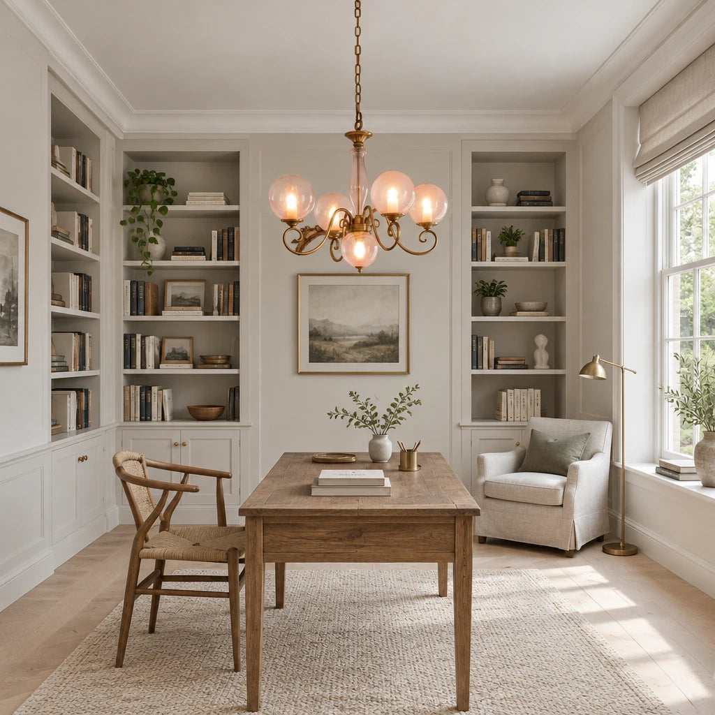 Elur brass-finish iron chandelier with Clear glass globes in a modern British minimalist study with bookshelves