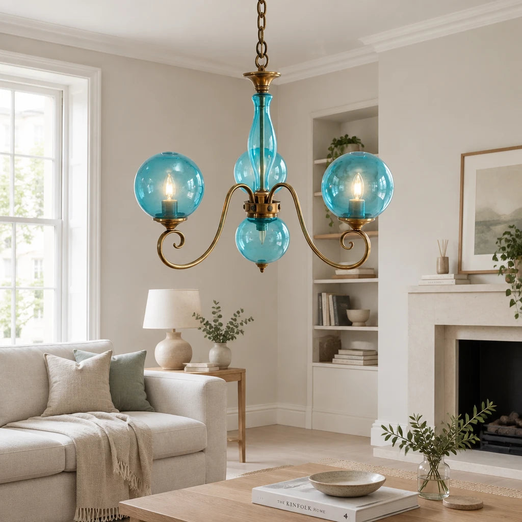 Elur brass-finish iron chandelier, 3+1 globes, Pale Blue hand-blown glass, in a modern British minimalist living room