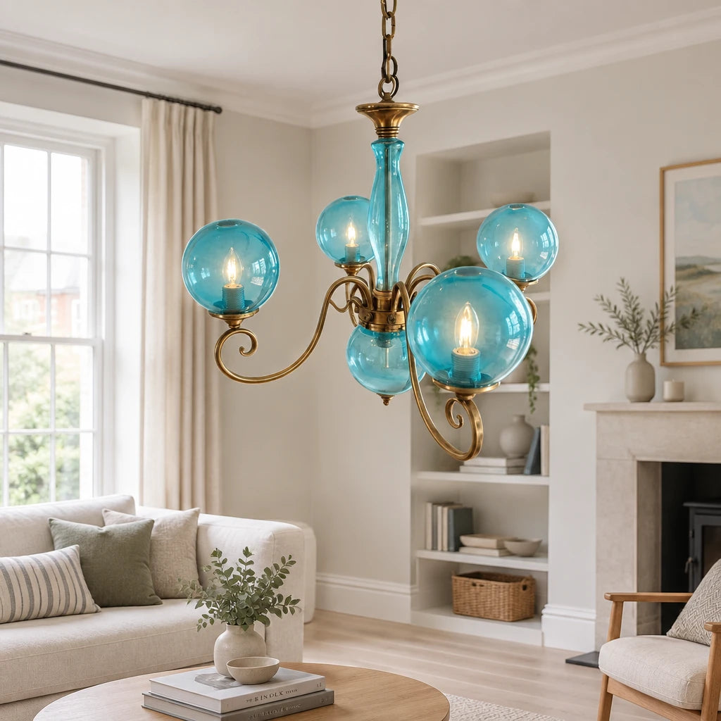 Elur brass-finish iron chandelier, 4+1 globes, Pale Blue hand-blown glass, in a modern British minimalist living room