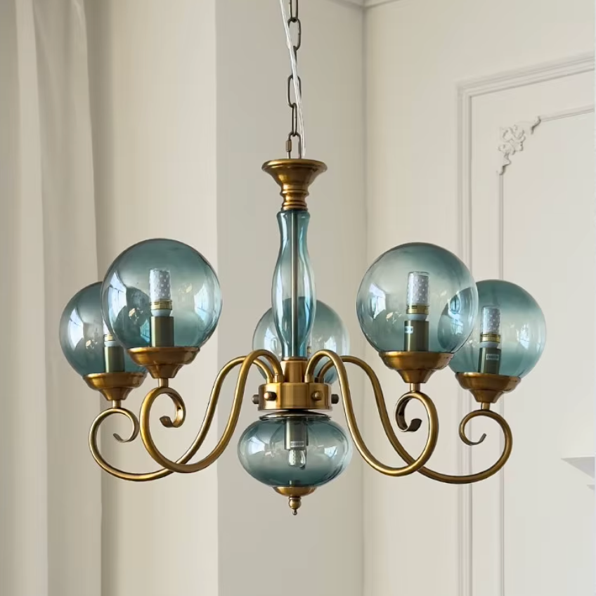 Elur brass-finish iron chandelier, 5+1 globes, Pale Blue hand-blown glass, full view