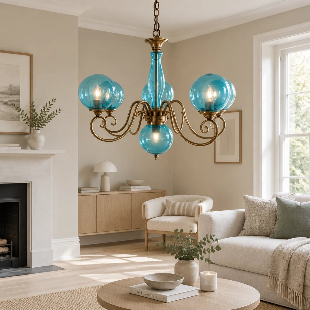 Elur brass-finish iron chandelier, 5+1 globes, Pale Blue hand-blown glass, in a modern British minimalist living room