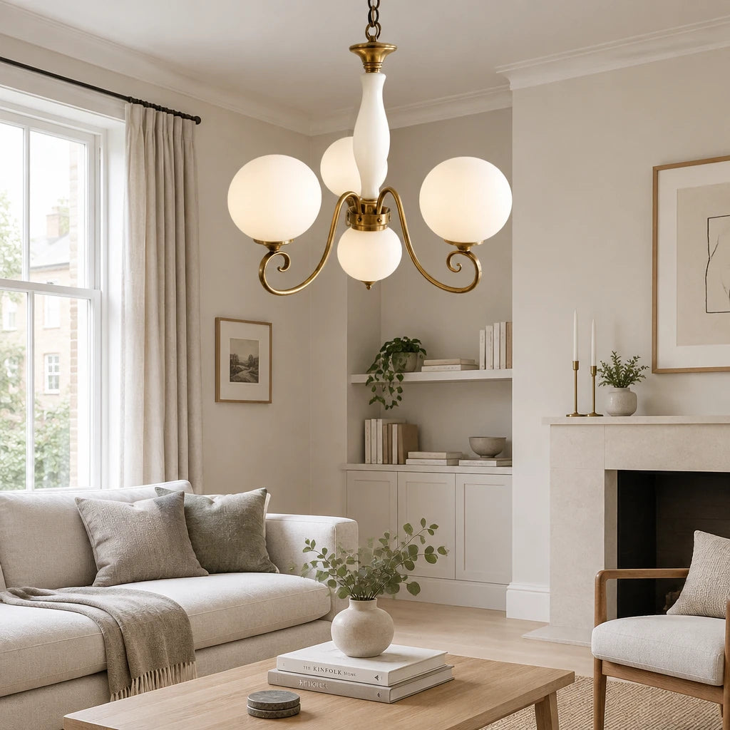 Elur brass-finish iron chandelier, 3+1 globes, Milky White hand-blown glass, in a modern British minimalist living room