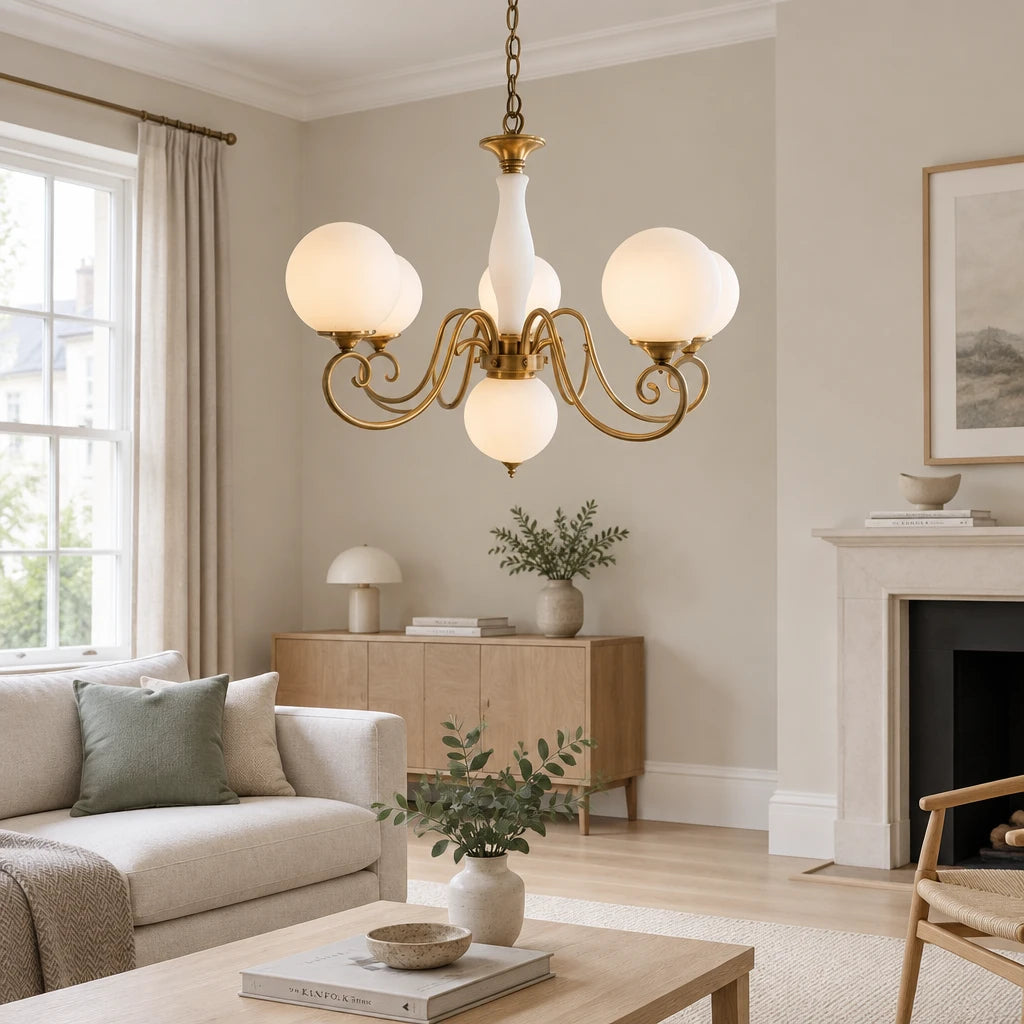 Elur brass-finish iron chandelier, 5+1 globes, Milky White hand-blown glass, in a modern British minimalist living room