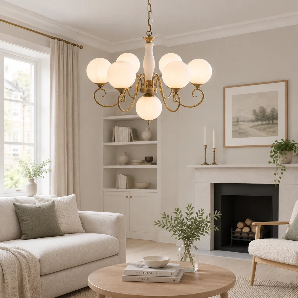 Elur brass-finish iron chandelier, 6+1 globes, Milky White hand-blown glass, in a modern British minimalist living room