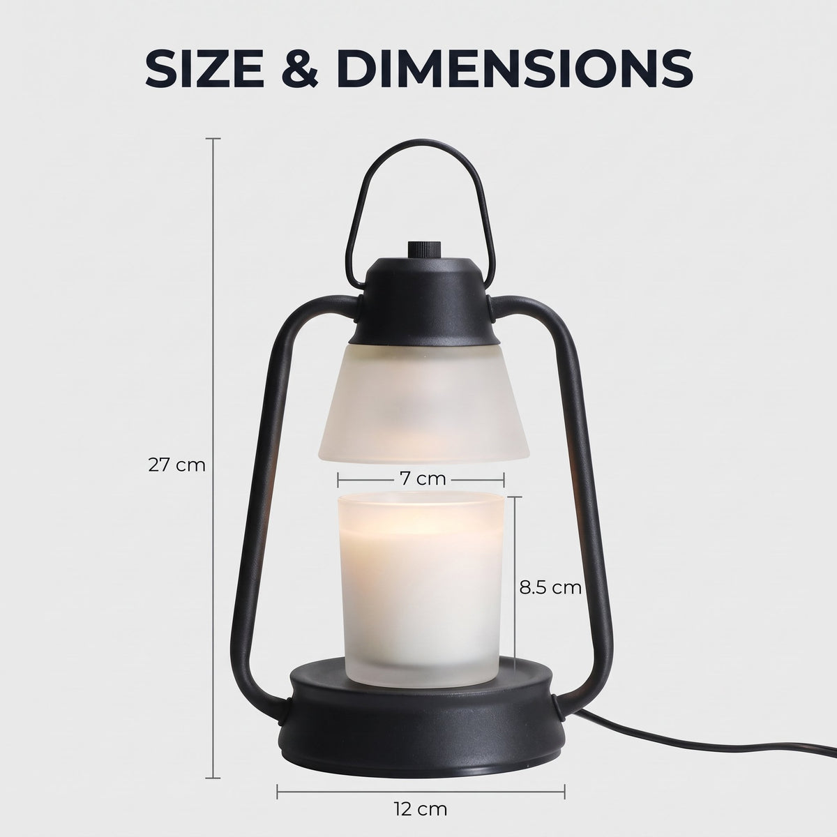 Embra candle warmer lamp size diagram showing 27 cm height, 12 cm base and a 7 cm wide, 8.5 cm tall candle jar