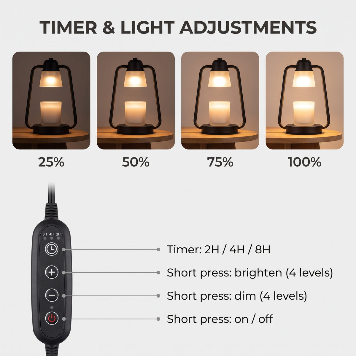 Embra candle warmer lamp cable controller with 2H, 4H and 8H timer and brightness levels from 25% to 100%
