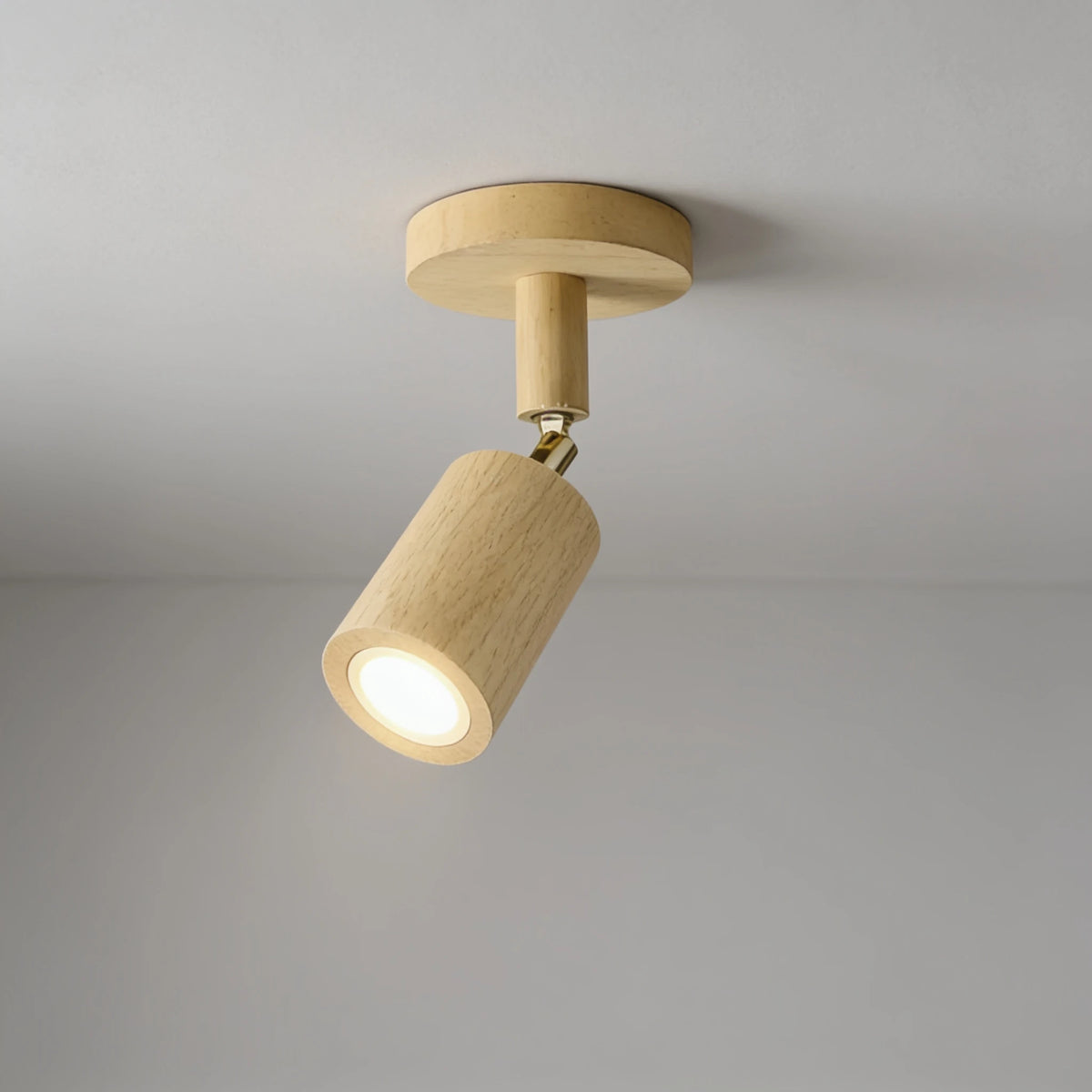 Flar 1 head natural wood ceiling spotlight with brass joint, studio view
