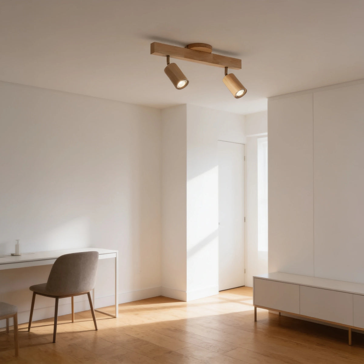 Flar 2 head natural wood ceiling spotlight bar in a bright minimalist room