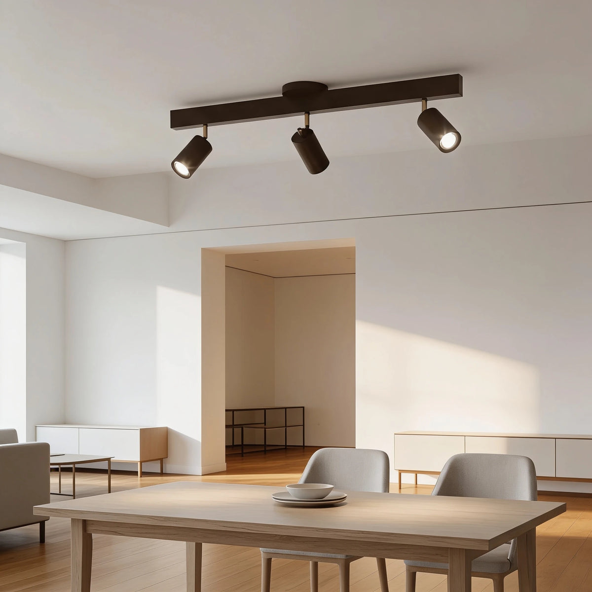 Flar 3 head walnut ceiling spotlight bar in an open plan living and dining room