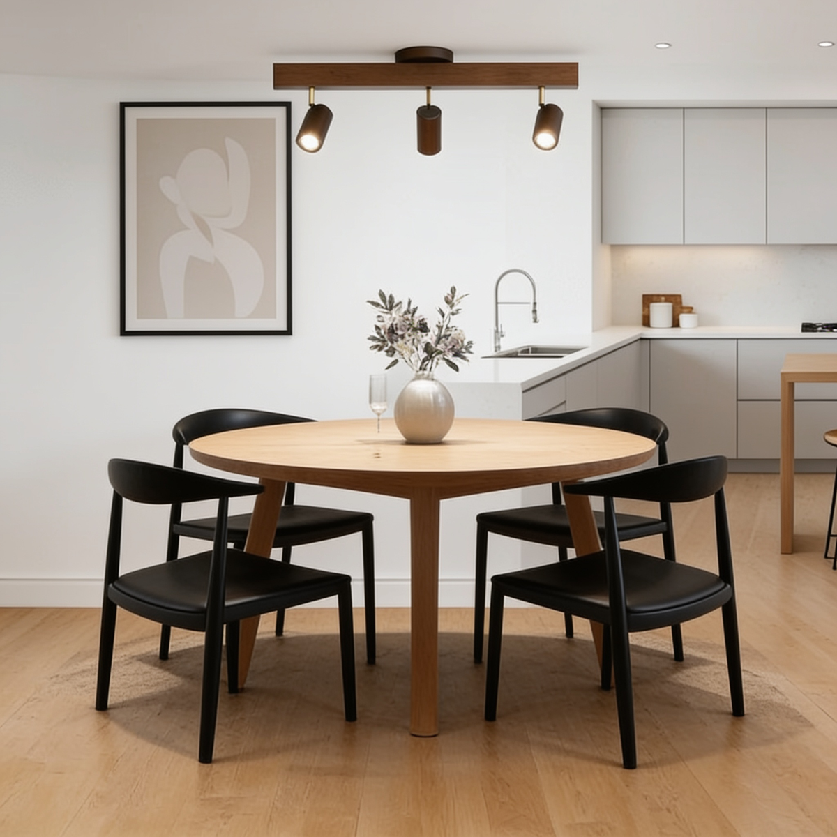 Flar 3 head walnut ceiling spotlight bar above a round dining table