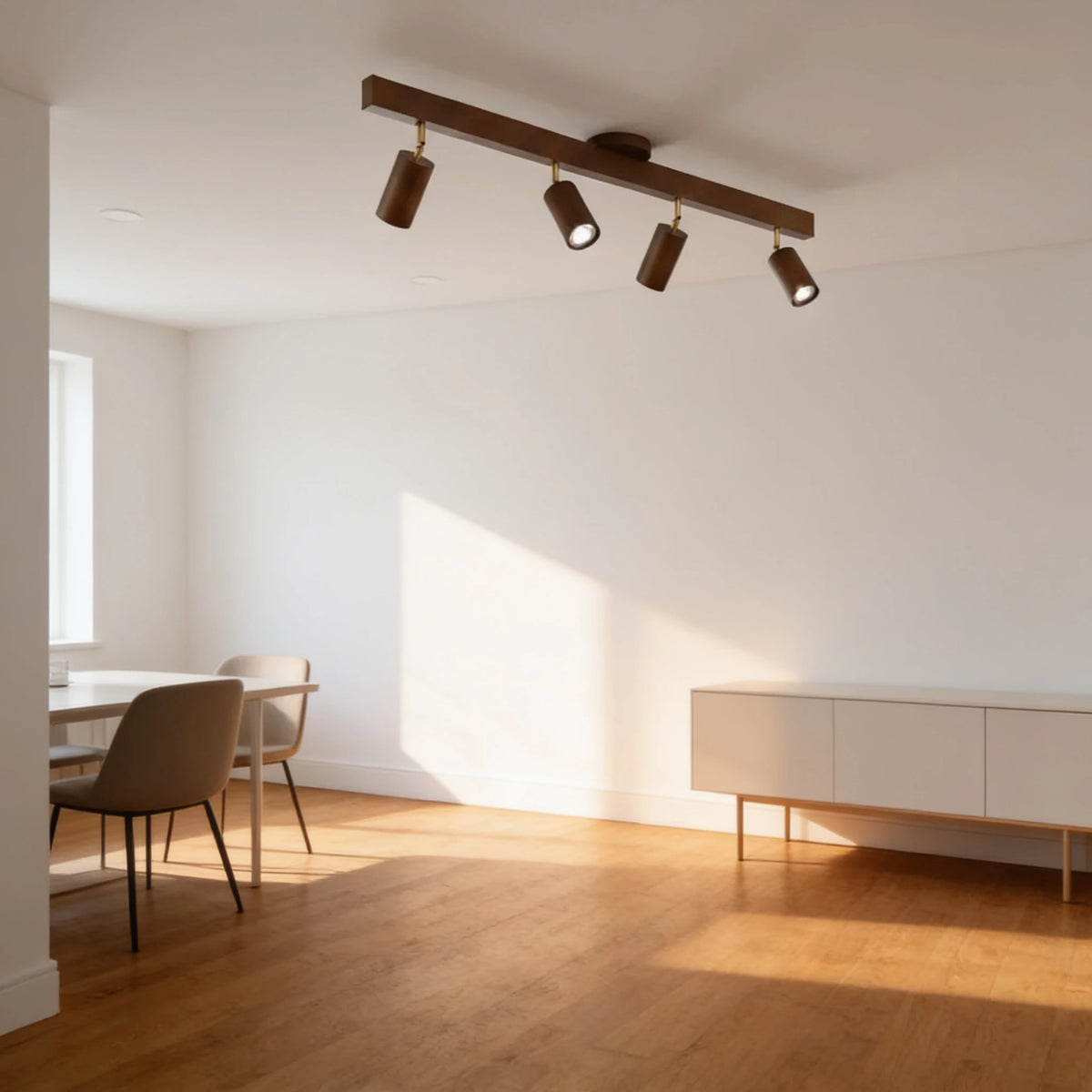 Flar 4 head walnut ceiling spotlight bar in an open plan room