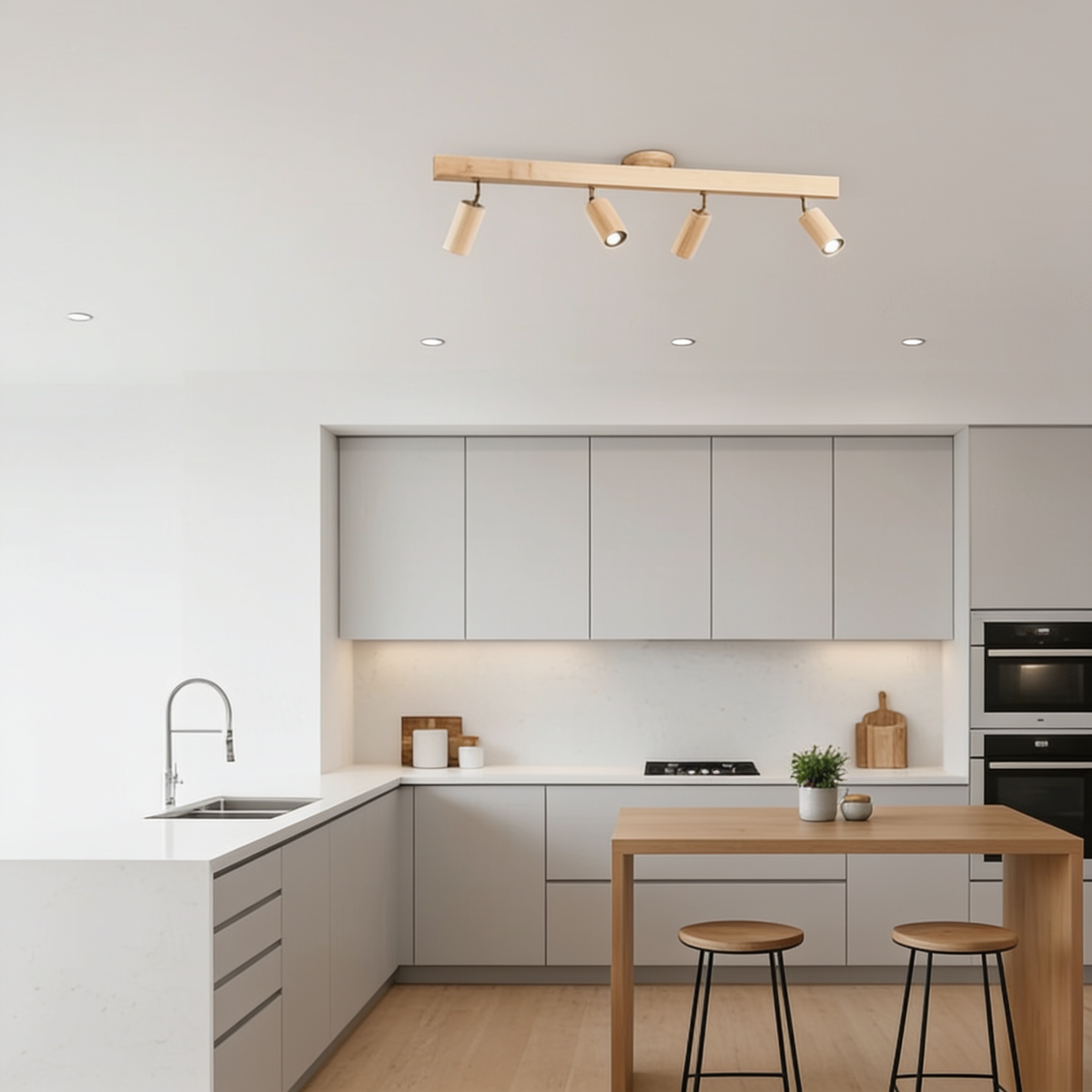 Flar 4 head natural wood ceiling spotlight bar in a modern kitchen