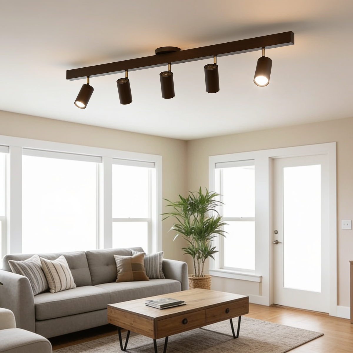 Flar 5 head walnut ceiling spotlight bar in a bright living room