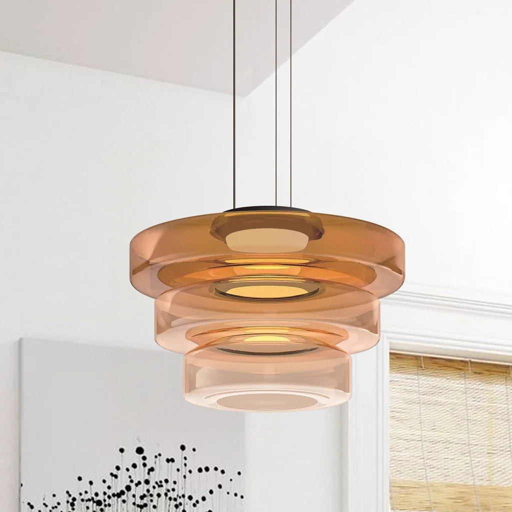 Amber 3-layer fujs glass ceiling lamp highlighting its stacked mid-century silhouette