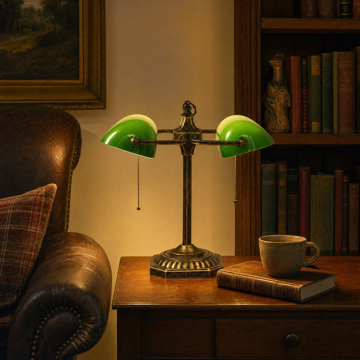 Gemma green glass double bankers lamp on a side table beside an armchair