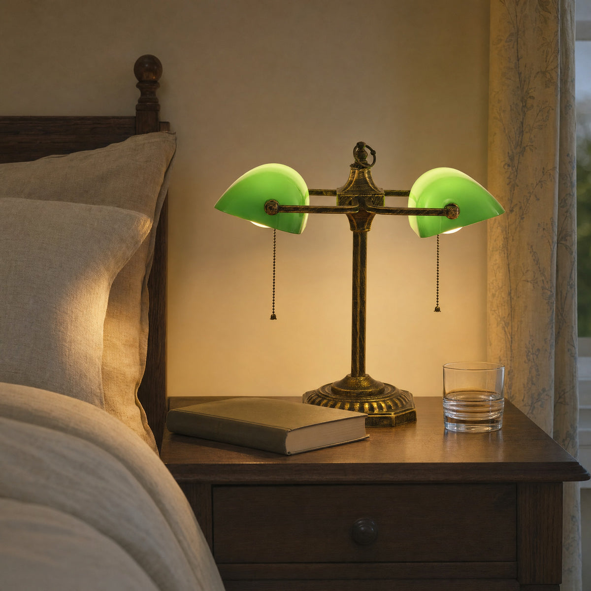 Gemma green glass double lamp on a bedside table in a bedroom