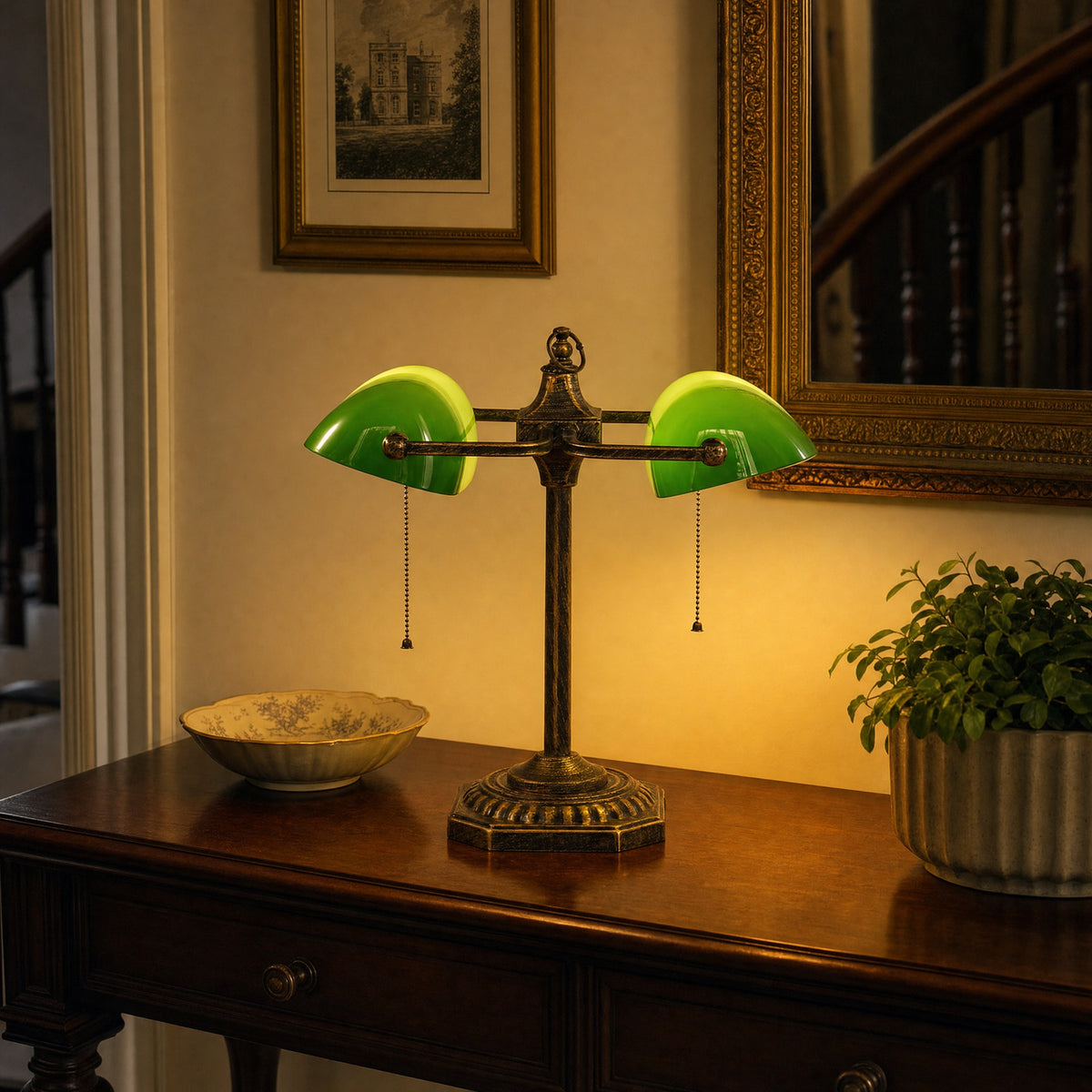 Gemma double-headed green glass lamp on a hallway console table