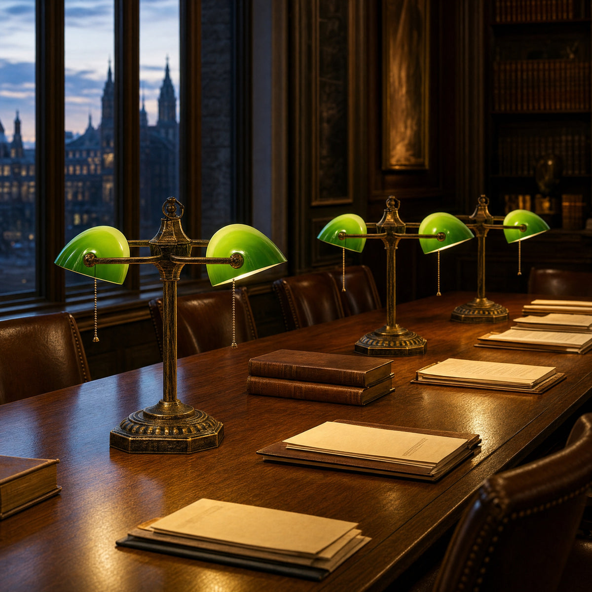 3 Gemma green glass bankers lamps in a row down a long wooden table in a law office