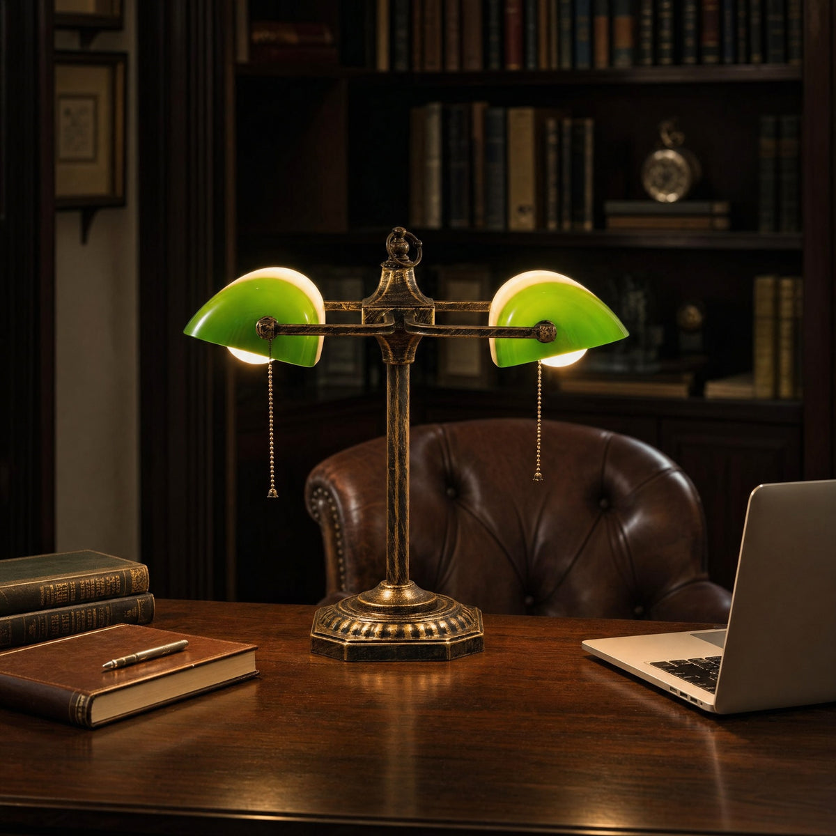 Gemma double bankers lamp with 2 green glass shades lit on a wooden study desk