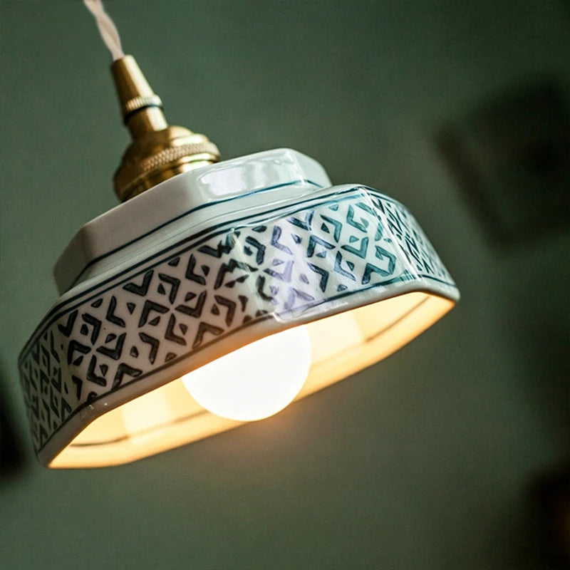 Glaze Navy Blue hand-painted ceramic pendant light close-up lifestyle reference