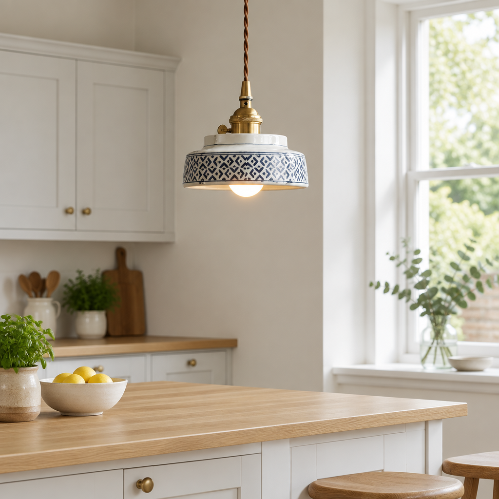 Glaze Navy Blue pendant light above British minimalist kitchen island lifestyle