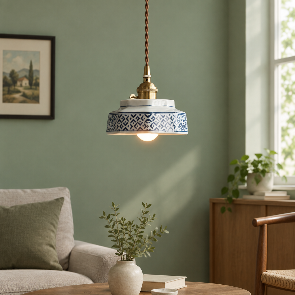 Glaze Navy Blue hand-painted ceramic pendant light British minimalist living room lifestyle