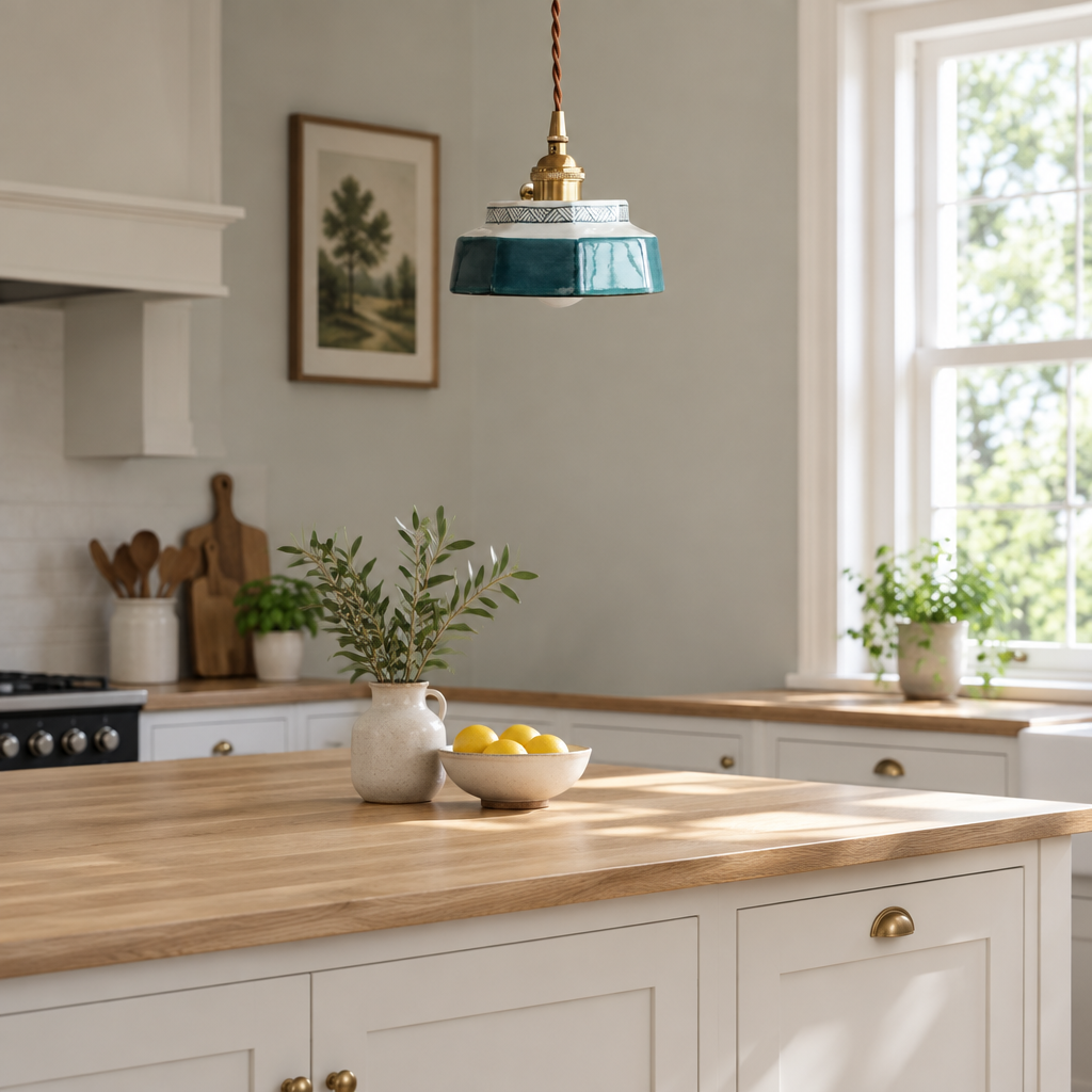 Glaze Teal pendant light above British minimalist kitchen island lifestyle