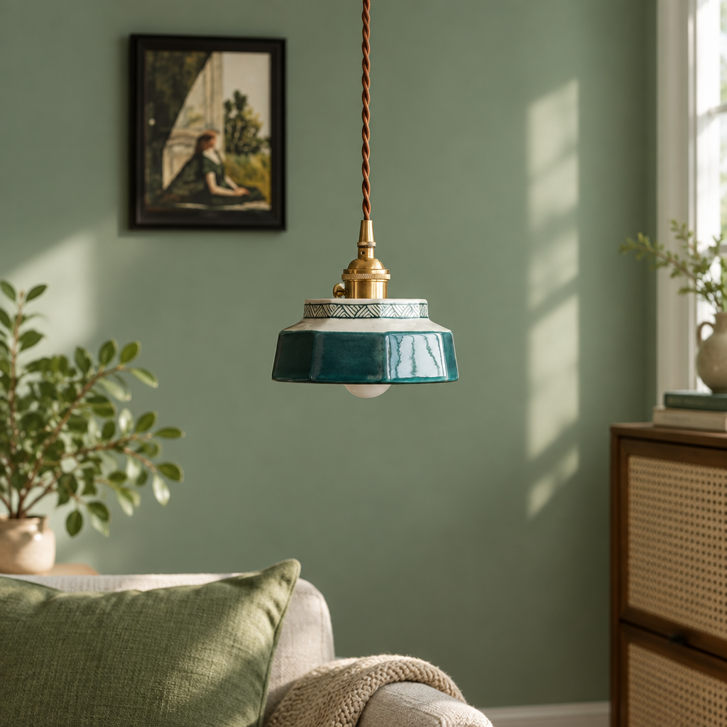 Glaze Teal hand-painted ceramic pendant light British minimalist living room lifestyle