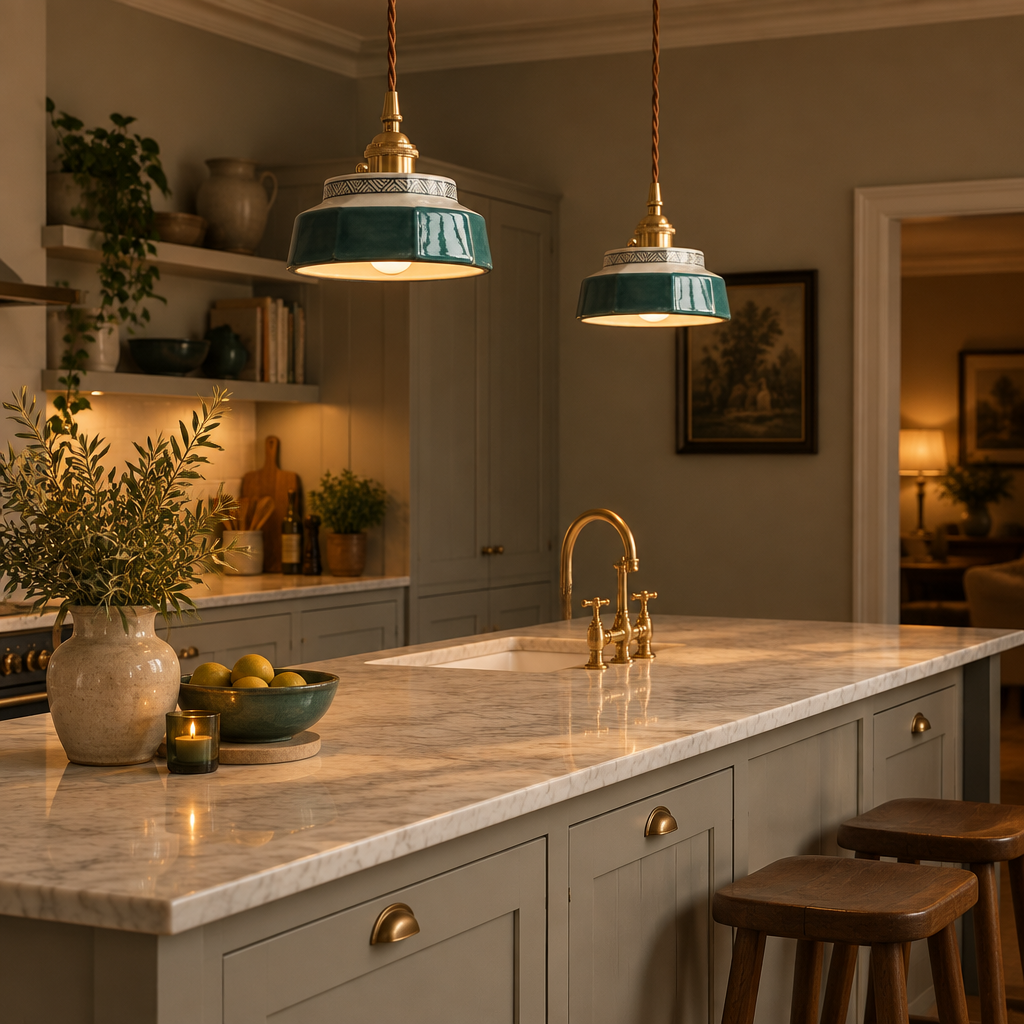 2 Glaze Teal pendant lights above long British kitchen island evening lifestyle