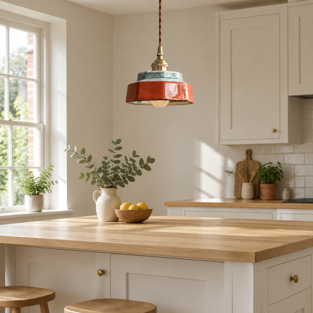 Glaze Terracotta pendant light above British minimalist kitchen island lifestyle