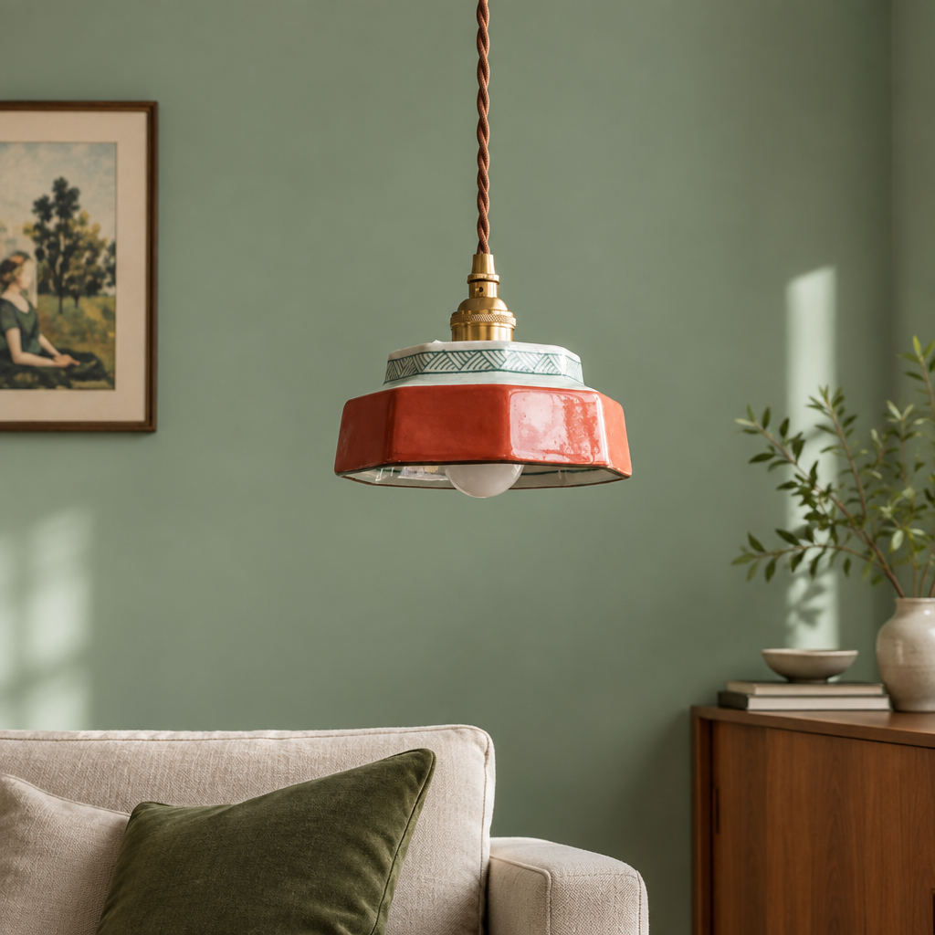 Glaze Terracotta hand-painted ceramic pendant light British minimalist living room lifestyle