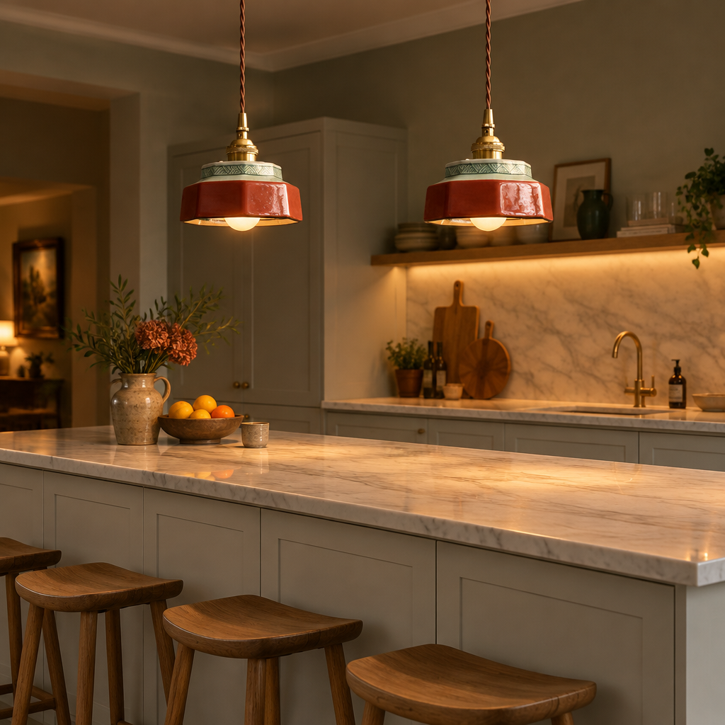 2 Glaze Terracotta pendant lights above long British kitchen island evening lifestyle