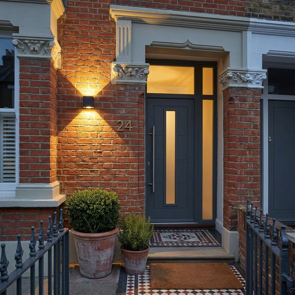 Glim black up and down outdoor wall light on a red brick Victorian porch beside a front door