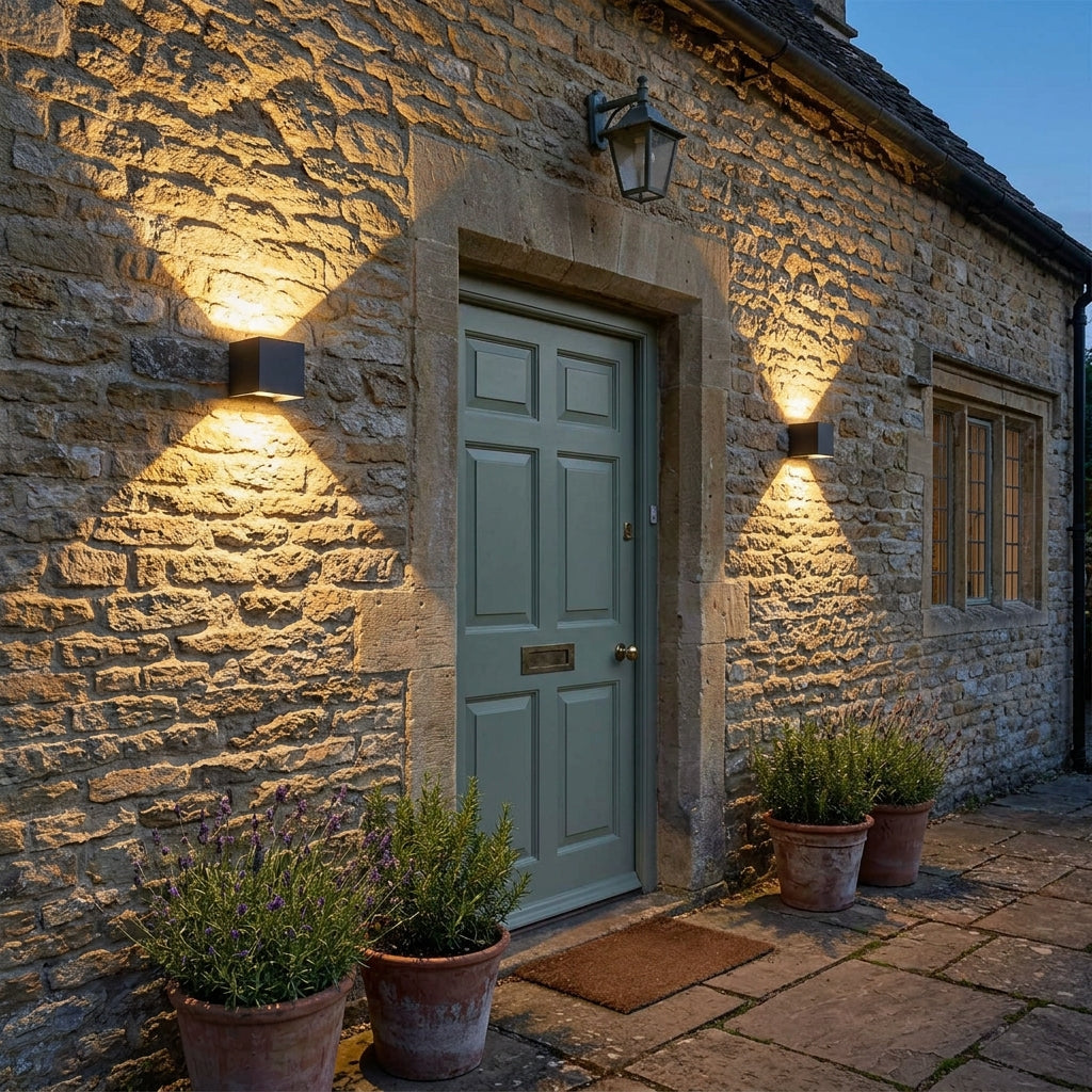 Glim black up and down outdoor wall lights lighting a stone cottage wall beside a green front door