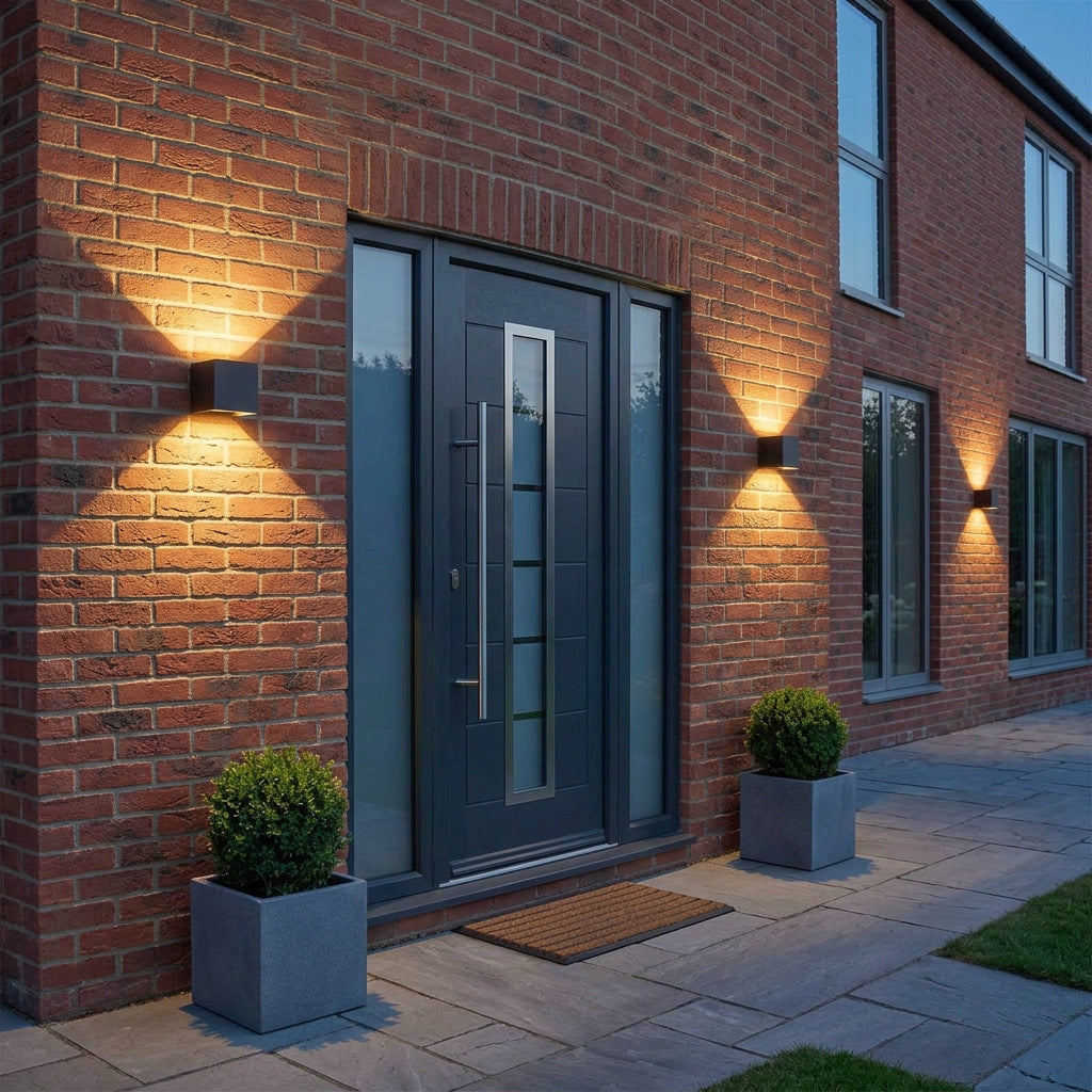 Glim black up and down outdoor wall lights beside a front door on a red brick house in warm white