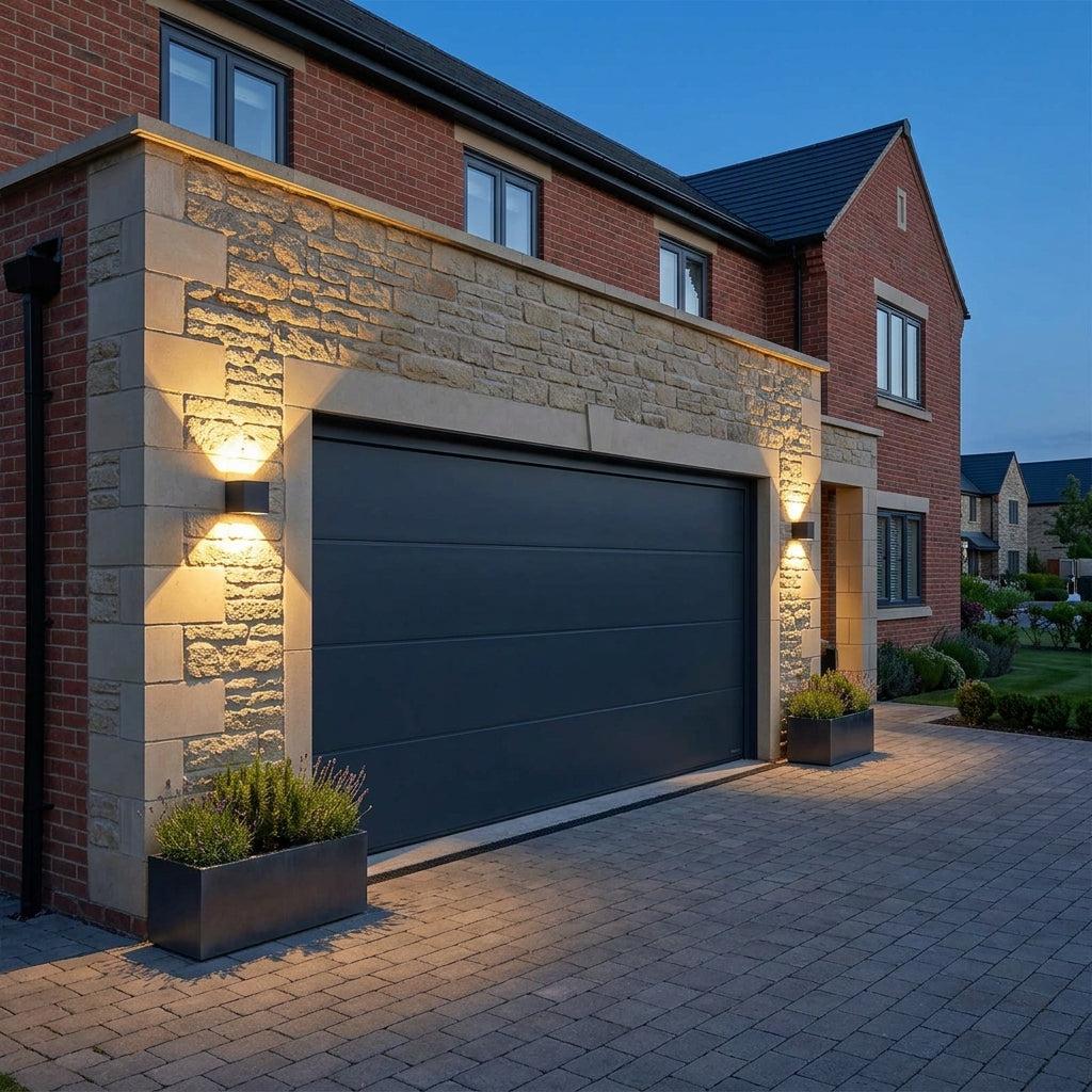 Glim black up and down outdoor wall lights either side of a garage door on a stone and brick house