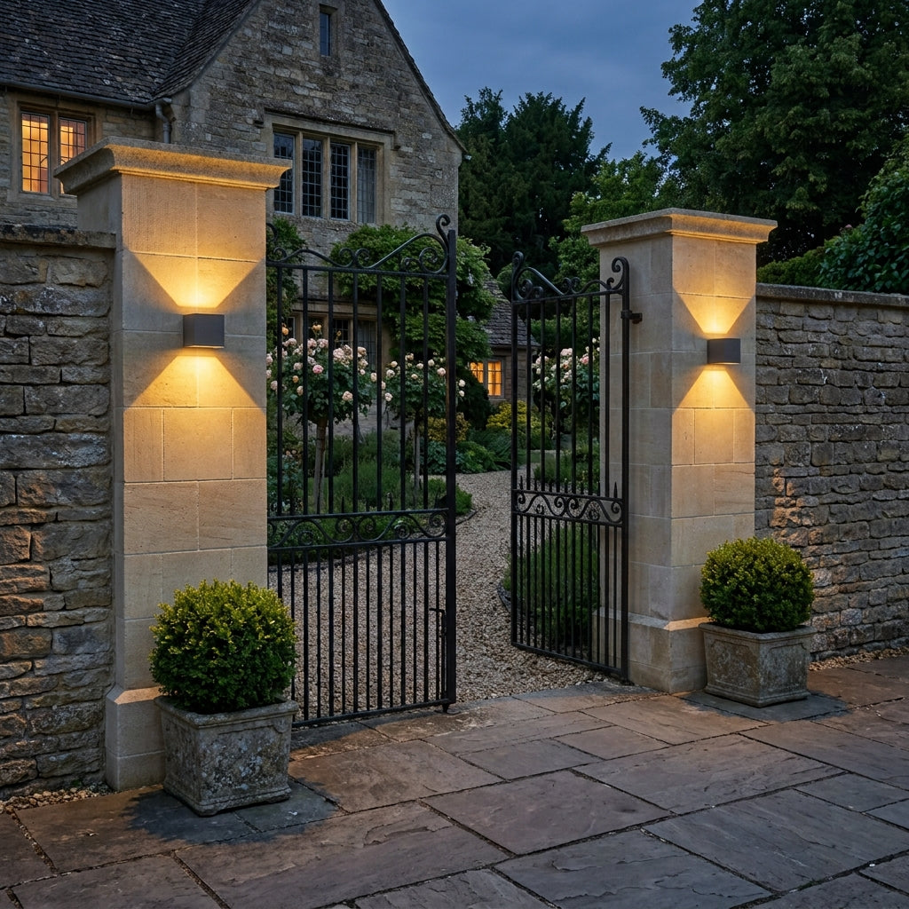 Glim black up and down outdoor wall lights on stone gate pillars at a garden entrance