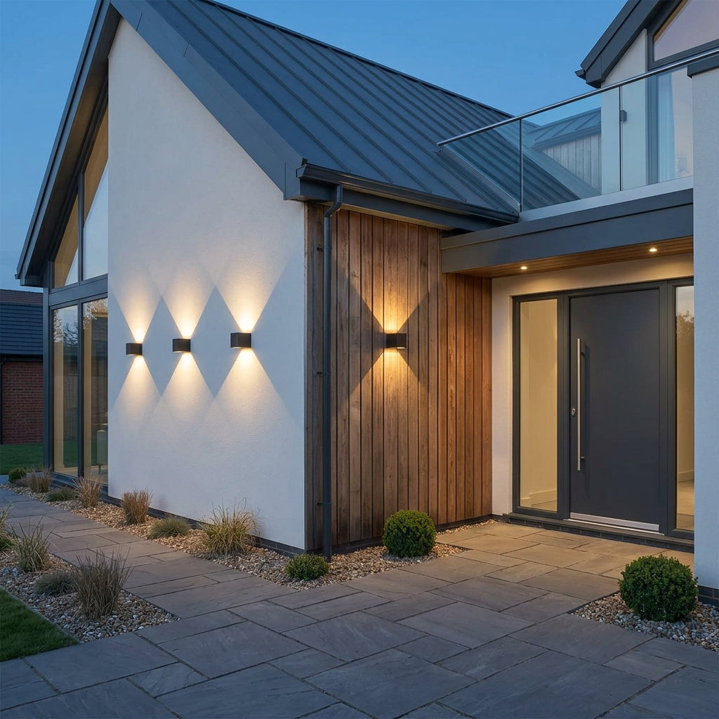 Glim black up and down outdoor wall lights on a modern white render and timber house entrance