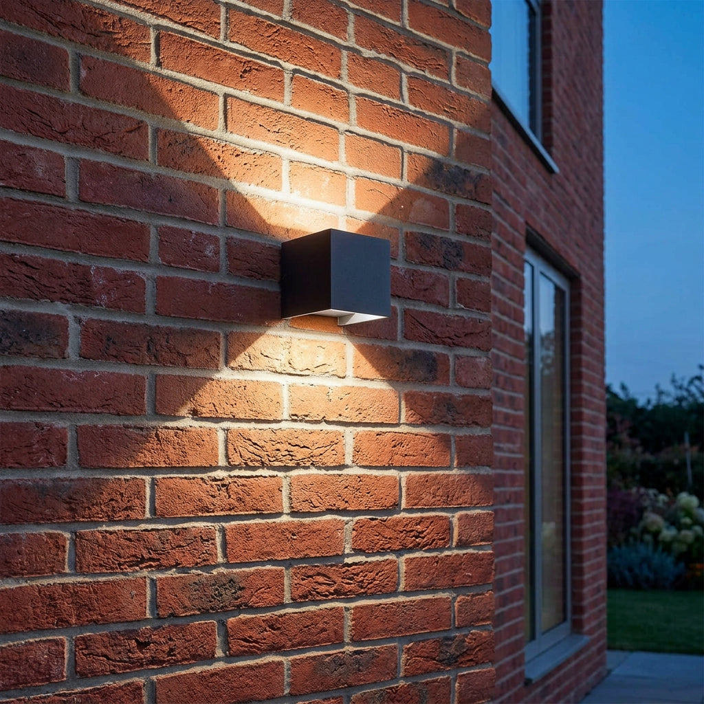 Glim black square up and down LED outdoor wall light in neutral white on a red brick wall at dusk