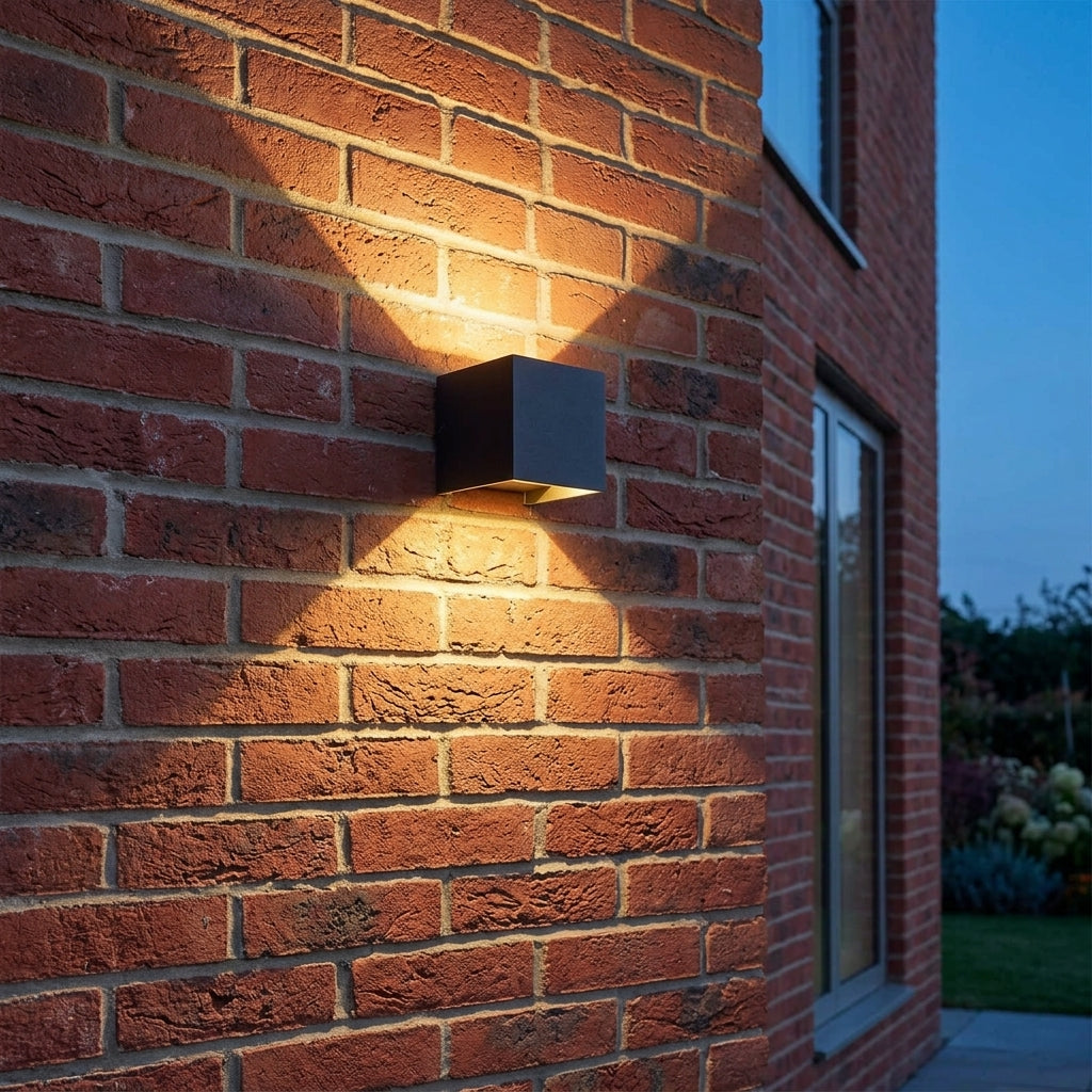 Glim black square up and down LED outdoor wall light in warm white on a red brick wall at dusk