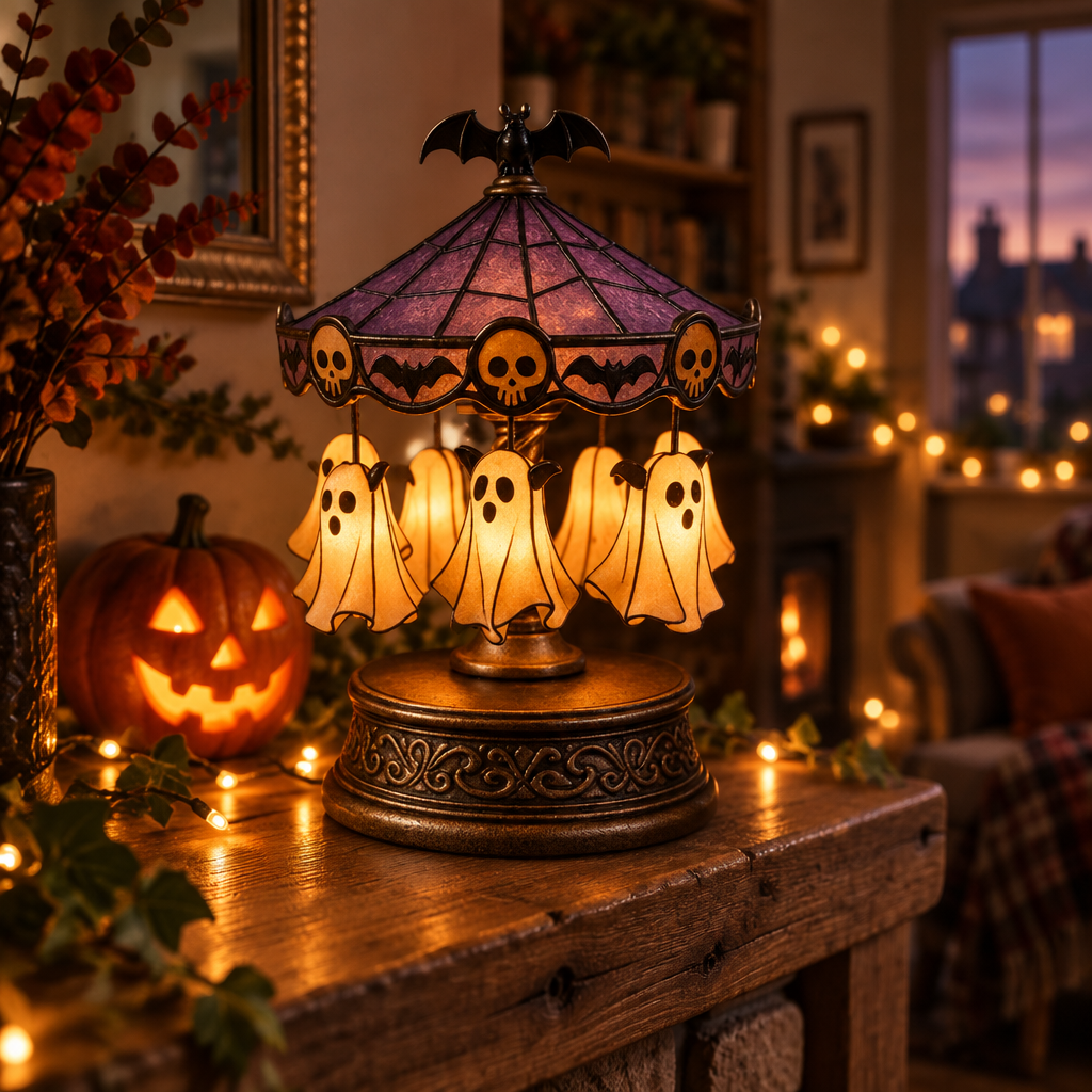 Gloomspin ghost carousel night light on a rustic mantelpiece with a carved pumpkin and warm fairy lights
