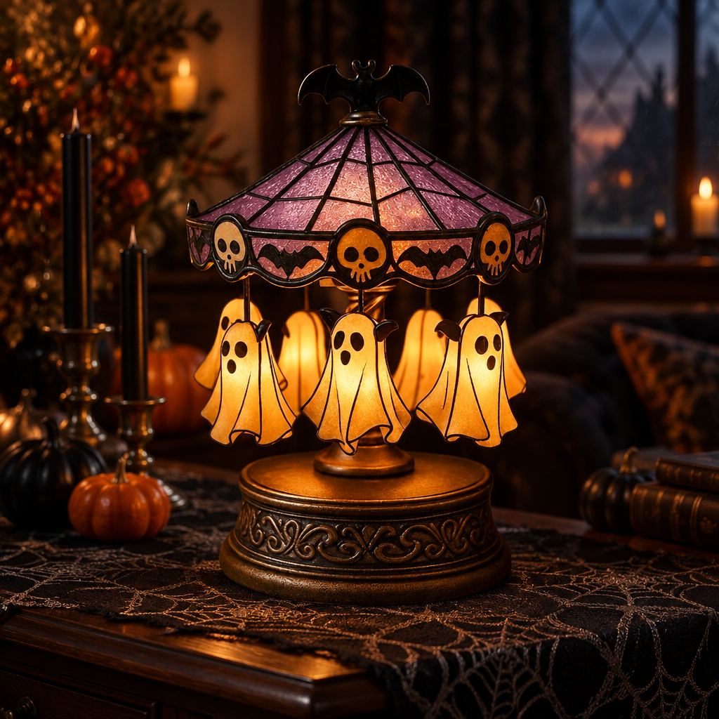 Gloomspin ghost carousel night light on a Halloween party table with spiderweb tablecloth and candles