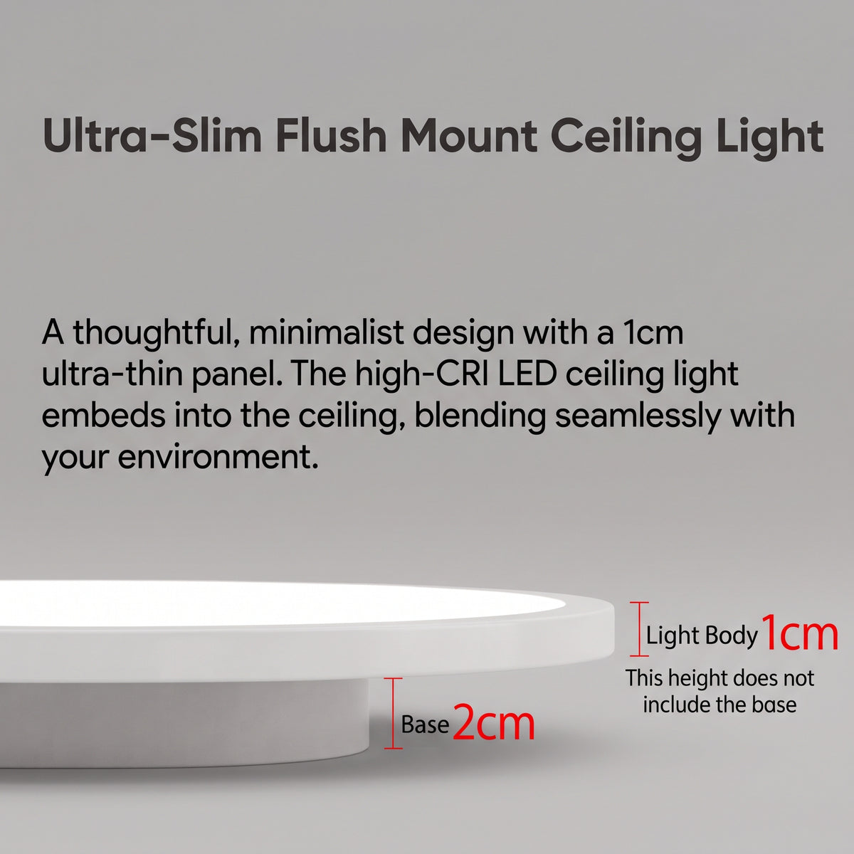 Infographic showing the 1cm ultra-thin panel of the Grale slim flush mount LED ceiling light