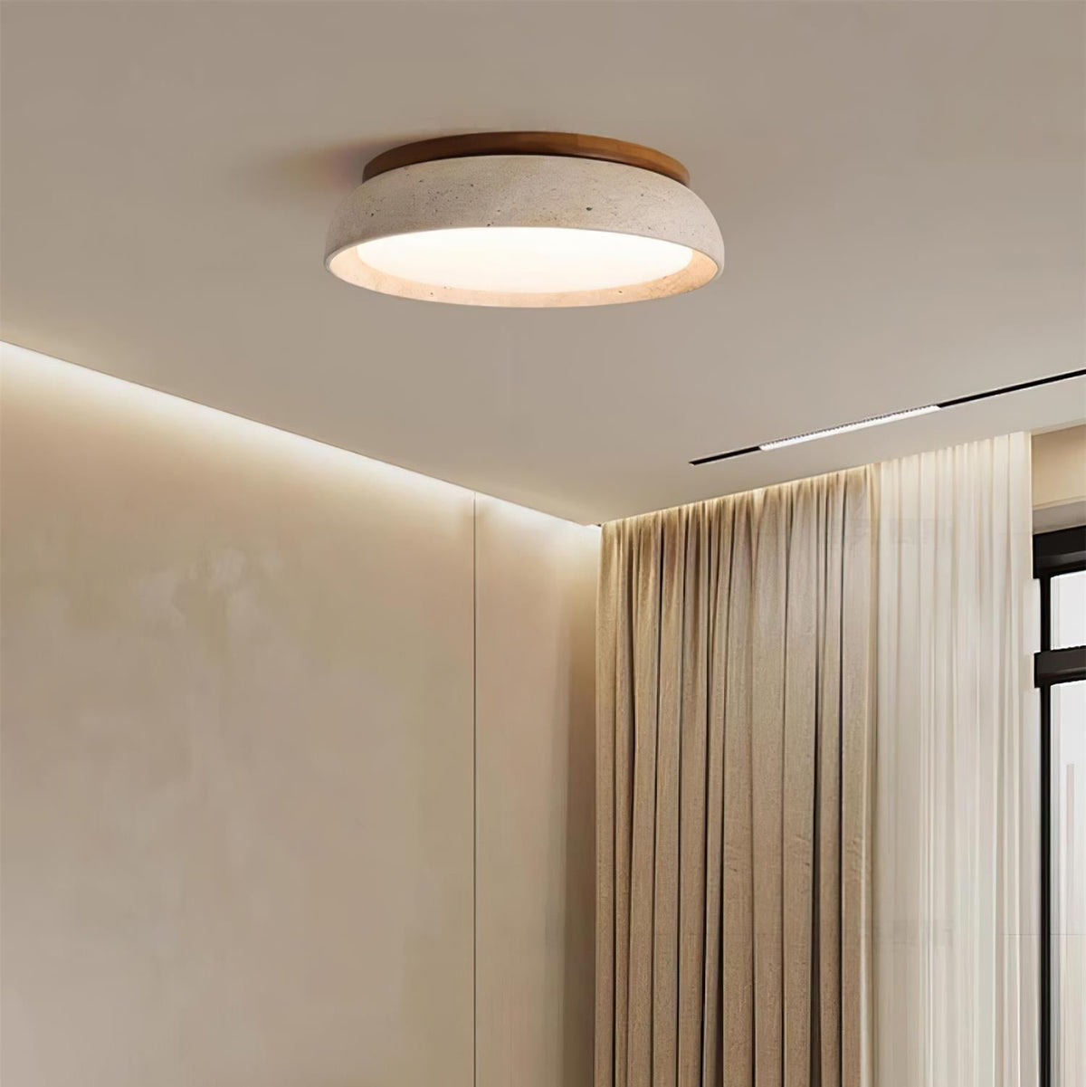 Japandi style travertine bedroom gugs ceiling lighting in a minimalist interior