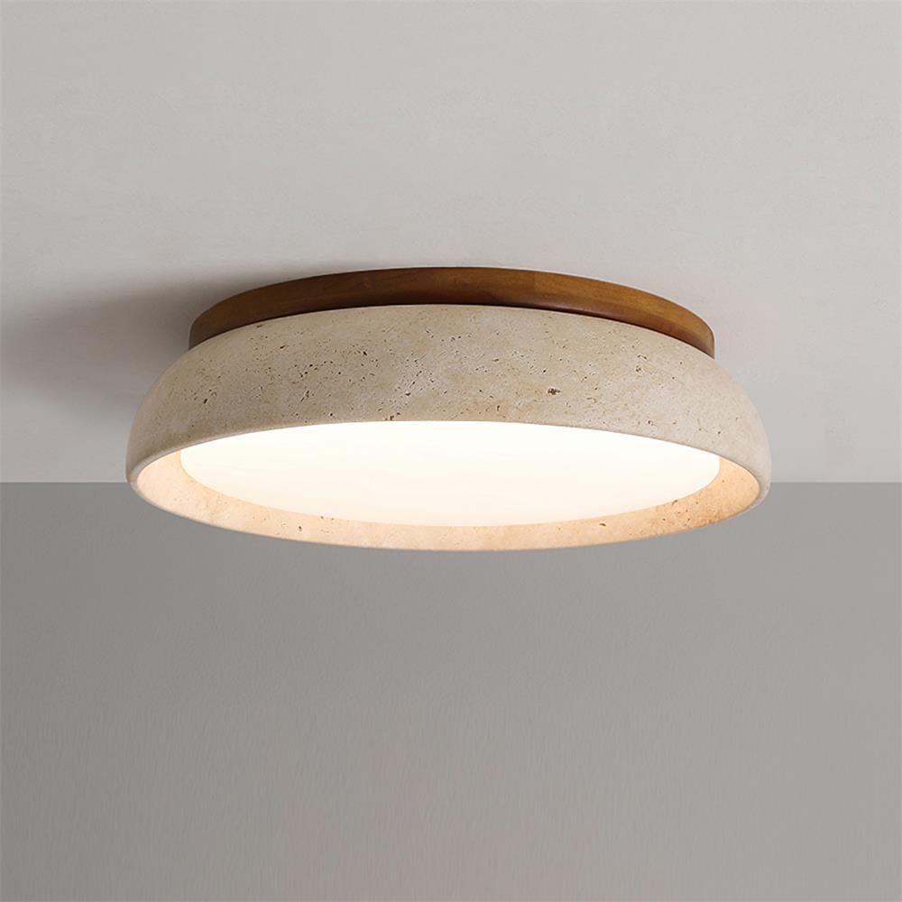 Front view of the natural travertine gugs ceiling light with a solid wood base