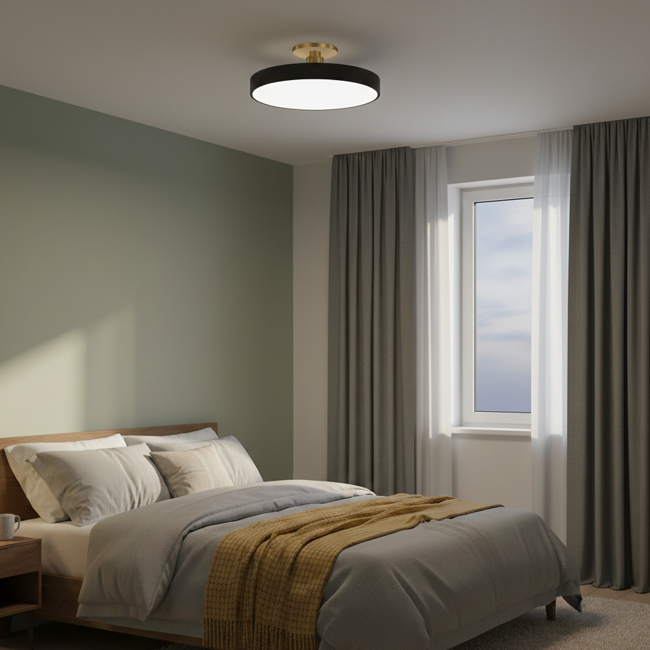 Black drum guoj ceiling light installed in a sleek, modern grey bedroom interior