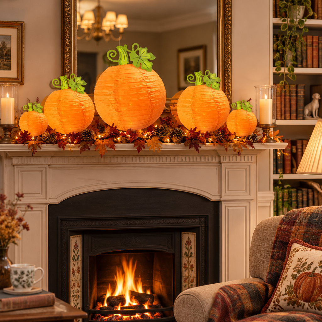Harvest pumpkin paper lanterns arranged on a fireplace mantelpiece in a cosy British living room
