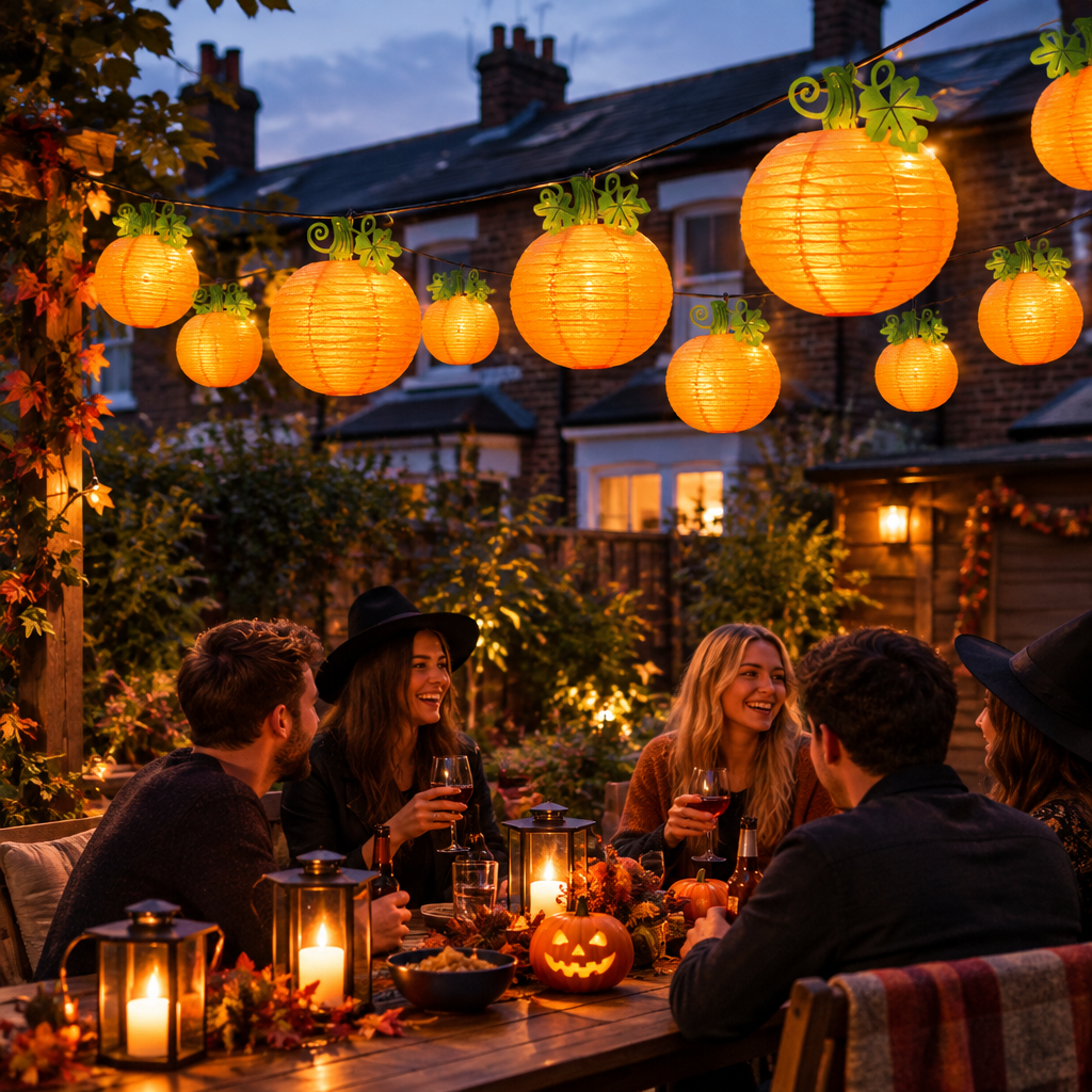 Harvest pumpkin paper lanterns lit above a garden dinner party at dusk