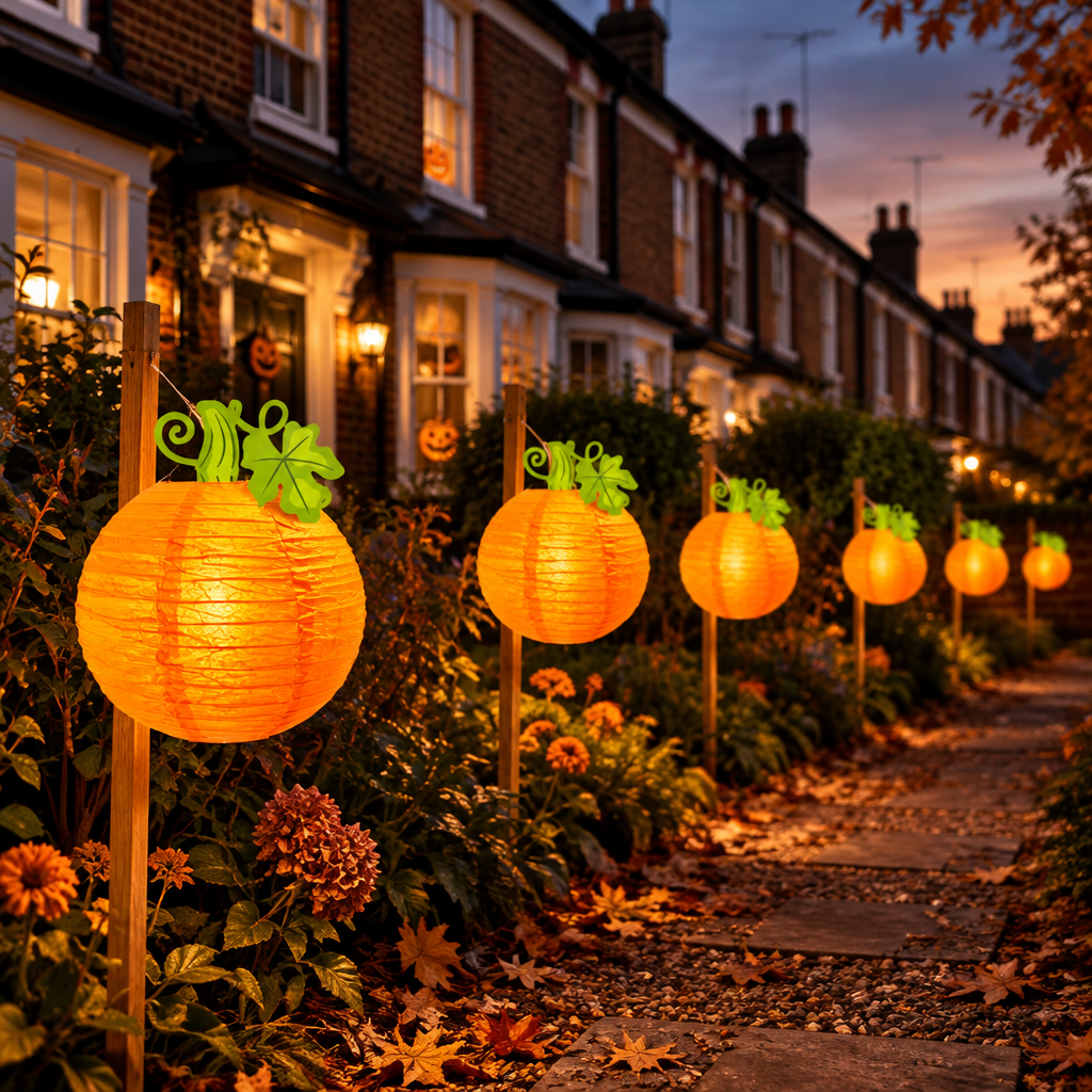 Harvest pumpkin paper lanterns lining a garden path at dusk in front of British terraced houses