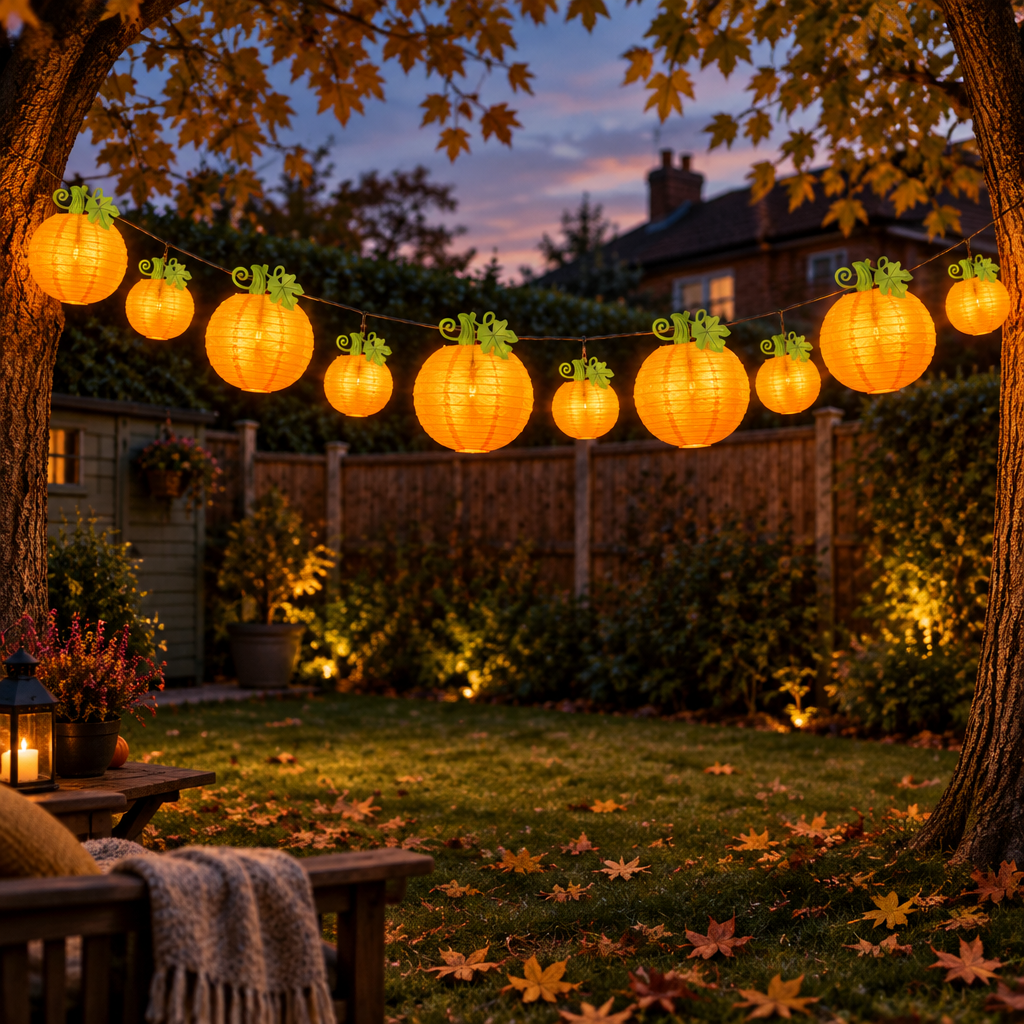Harvest pumpkin paper lanterns strung between trees in a British back garden at dusk